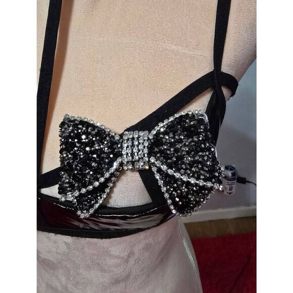 Starline Strappy PVC Caged Shelf Bra with Rhinestone Bows - Picture 2 of 5